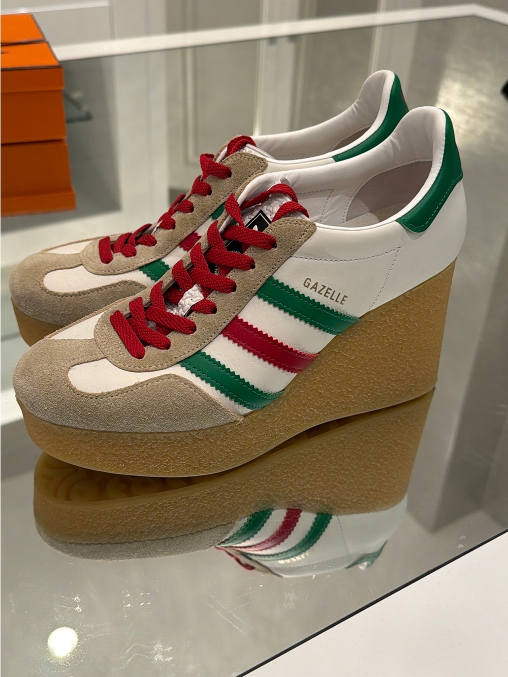 Gucci White, Green & Red Platform Wedge Sneakers